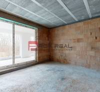 Unvollendeter Innenraum eines separaten Zimmers in einem Einfamilienhaus mit Blick nach draußen.
