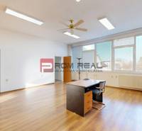 Helles Büro mit Holzboden, Tisch und Stuhl, mit Blick aus großen Fenstern.