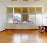 Einige weiße Wände, Holzboden und Fenster mit Rollläden, Büroeinrichtung.