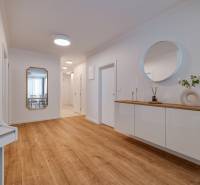Eingangsbereich einer 3-Zimmer-Wohnung mit Holzboden, Spiegel und Schrank mit Dekorationen.