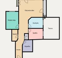 Grundriss einer 3-Zimmer-Wohnung mit Terrasse und Balkon, umfasst ein Wohnzimmer und eine Küche.