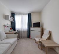 Wohnzimmer in einer 3-Zimmer-Wohnung mit einem bequemen Sofa, einem Sessel und einem Schreibtisch.