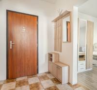 Der Flur in einer Einzimmerwohnung mit einer Garderobenwand und einem Spiegel.