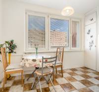 Esszimmer in einer Einzimmerwohnung mit Fenster, Tisch und Stühlen, mit einfacher Dekoration.
