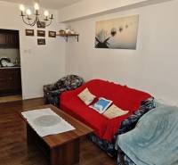 Wohnzimmer in einer Zweizimmerwohnung mit Sofas, Couchtisch und Wanddekorationen.