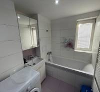 Badezimmer in einer 2-Zimmer-Wohnung mit Badewanne, Waschbecken und Waschmaschine.
