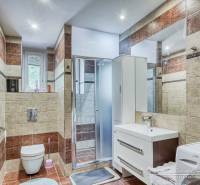 Badezimmer in einer 2-Zimmer-Wohnung mit Fliesen in Braun und Beige.