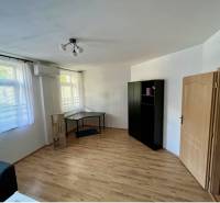 Ein Zimmer in einer 2-Zimmer-Wohnung mit Holzboden, Klimaanlage, Möbeln und Fenstern mit Rollläden.