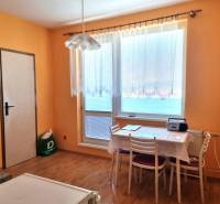 Innenraum einer 2-Zimmer-Wohnung mit Esstisch, Stühlen und großem Fenster.