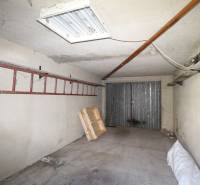 Eine Garage in einem Einfamilienhaus mit einem Garagentor aus Metall, einer Leiter und einer Holzpalette.