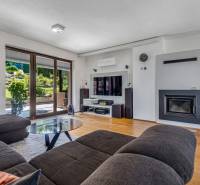 Wohnzimmer mit Kamin, bequemer Couch und verglasten Türen zum Garten in einem Einfamilienhaus.