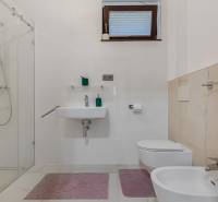 Badezimmer in einem Einfamilienhaus mit Waschbecken, Dusche, Toilette und Bidet.
