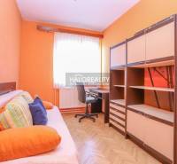 Ein Zimmer in einer 3-Zimmer-Wohnung mit orangefarbenen Wänden, einem Sofa, einem Tisch und Schränken.