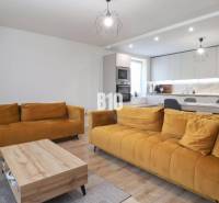 Wohnzimmer in einem Einfamilienhaus mit senffarbenen Sofas und Küchenzeile.