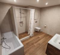 Badezimmer in einer 2-Zimmer-Wohnung mit Badewanne, Dusche, Waschbecken und Toilette.