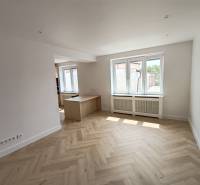 Helles Wohnzimmer in einer 2-Zimmer-Wohnung mit Holzboden und Fenstern.