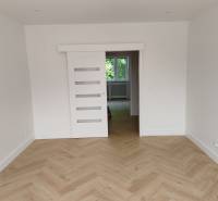 Ein Zimmer in einer 2-Zimmer-Wohnung mit Holzboden und weißen Schiebetüren.