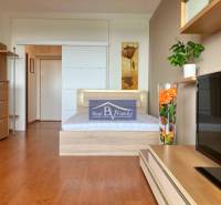 Ein Zimmer mit Holzboden, Bett und Fernseher, eine Einzimmerwohnung mit hellem Interieur.