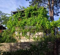 Ein mit Grün bewachsenes Haus mit einer Steinmauer in den Gärten in Zvolen.
