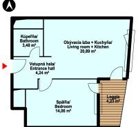 Grundriss einer 2-Zimmer-Wohnung mit Wohnzimmer und Küche, Schlafzimmer, Badezimmer und Loggia.