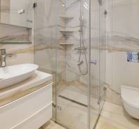 Luxuriöses Badezimmer mit Dusche und Designer-Waschbecken in einer 2-Zimmer-Wohnung.