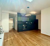 Küche einer 2-Zimmer-Wohnung mit dunkler Küchenzeile und Holzboden, ergänzt durch Beleuchtung.