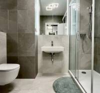 Badezimmer in einer 2-Zimmer-Wohnung mit Toilette, Dusche und Waschbecken mit Fliesen.