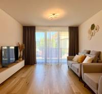 2-Zimmer-Wohnung mit Sofa, Fernseher und Holzboden, leuchtender Kronleuchter.