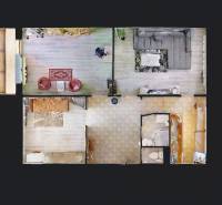 Grundriss einer 3-Zimmer-Wohnung mit zwei Wohnzimmern, einem Badezimmer und einem Balkon.
