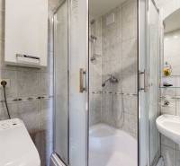 Badezimmer mit Waschbecken, Dusche, Waschmaschine und Spiegel in einer 3-Zimmer-Wohnung.