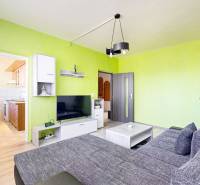 Wohnzimmer mit Sofa, Fernseher und grünen Wänden in einer 3-Zimmer-Wohnung.