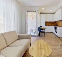 Wohnzimmer einer Einzimmerwohnung mit hellen Möbeln, Küche und Esstisch.