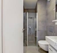 Badezimmer in einer Einzimmerwohnung mit Toilette, Duschkabine und Waschbecken.