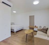 Ein Zimmer mit einem Bett, einem Sofa und einem Couchtisch in einer Einzimmerwohnung mit weißen Wänden.