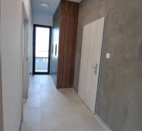 Der Flur einer 2-Zimmer-Wohnung mit Türen, hellen Wänden und einem Schrank.