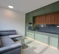 Helle Küche und Wohnzimmer mit Sofa in einer 2-Zimmer-Wohnung.