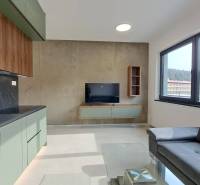 Küchenzeile mit Fernseher und Sofa in einer 2-Zimmer-Wohnung mit großem Fenster.
