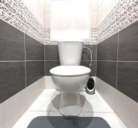 Toilette mit Keramikfliesen in einer 2-Zimmer-Wohnung, in Schwarz-Weiß-Tönen.