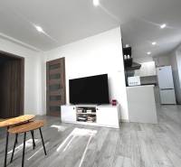 Wohnbereich einer 2-Zimmer-Wohnung mit Fernseher, Tisch und Küchenzeile.