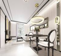 Luxuriöse 2-Zimmer-Wohnung mit eleganten Schwarz-Weiß-Akzenten und stilvoller Beleuchtung.