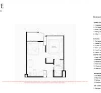Der Grundriss einer 2-Zimmer-Wohnung zeigt ein Wohnzimmer mit Küche und ein Schlafzimmer mit Badezimmer.