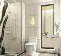 Badezimmer in einer 2-Zimmer-Wohnung mit Duschkabine, WC und Waschbecken; helle elegante Elemente.