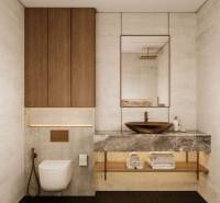 Minimalistisches Badezimmer in einem Einfamilienhaus mit steinernem Waschbecken und Toilette in neutralen Tönen.