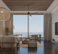 Luxuriöses Interieur eines Einfamilienhauses mit Blick durch große Fenster auf die Stadt.