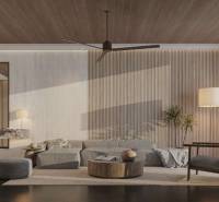 Ein stilvolles Wohnzimmer mit minimalistischen Möbeln und einer Holzdecke in einem Einfamilienhaus.
