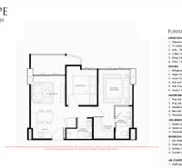 Grundriss einer 3-Zimmer-Wohnung mit Wohnzimmer und zwei Schlafzimmern, Möbelliste.