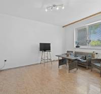 Wohnzimmer in einem Einfamilienhaus mit Rattansitzgruppe und Fernseher auf einem Ständer.