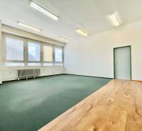 Büroinnenraum mit Fenstern, Parkett und Teppichen, geeignet für eine Arbeitsumgebung.