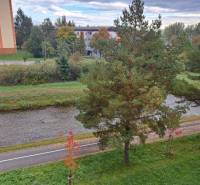 Blick aus einer 2-Zimmer-Wohnung in der Jilemnického-Straße in der Stadt Svit, einschließlich Fluss und Grünflächen.
