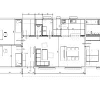 Grundriss eines Einfamilienhauses mit fünf Zimmern, einem Badezimmer und einer Küche.